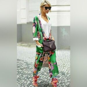 Silk Green Floral Kimono Duster Coat